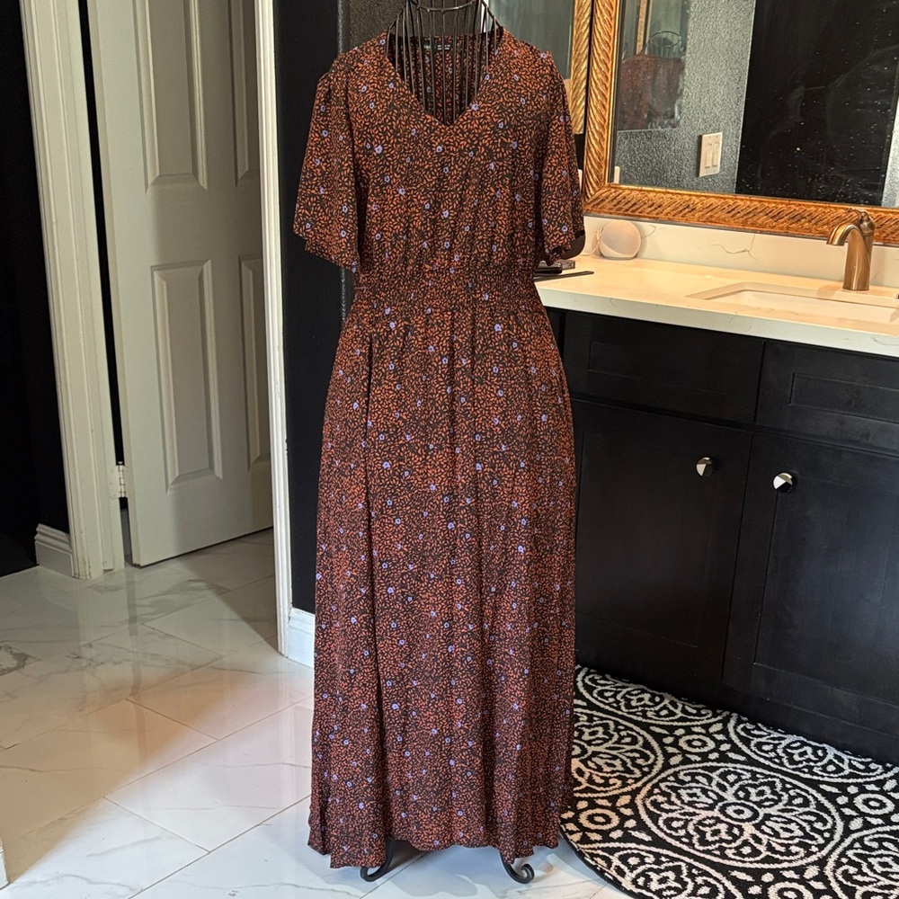 Mod hippie purple, Brown design, short sleeve, empire waist Floral Maxi Dress